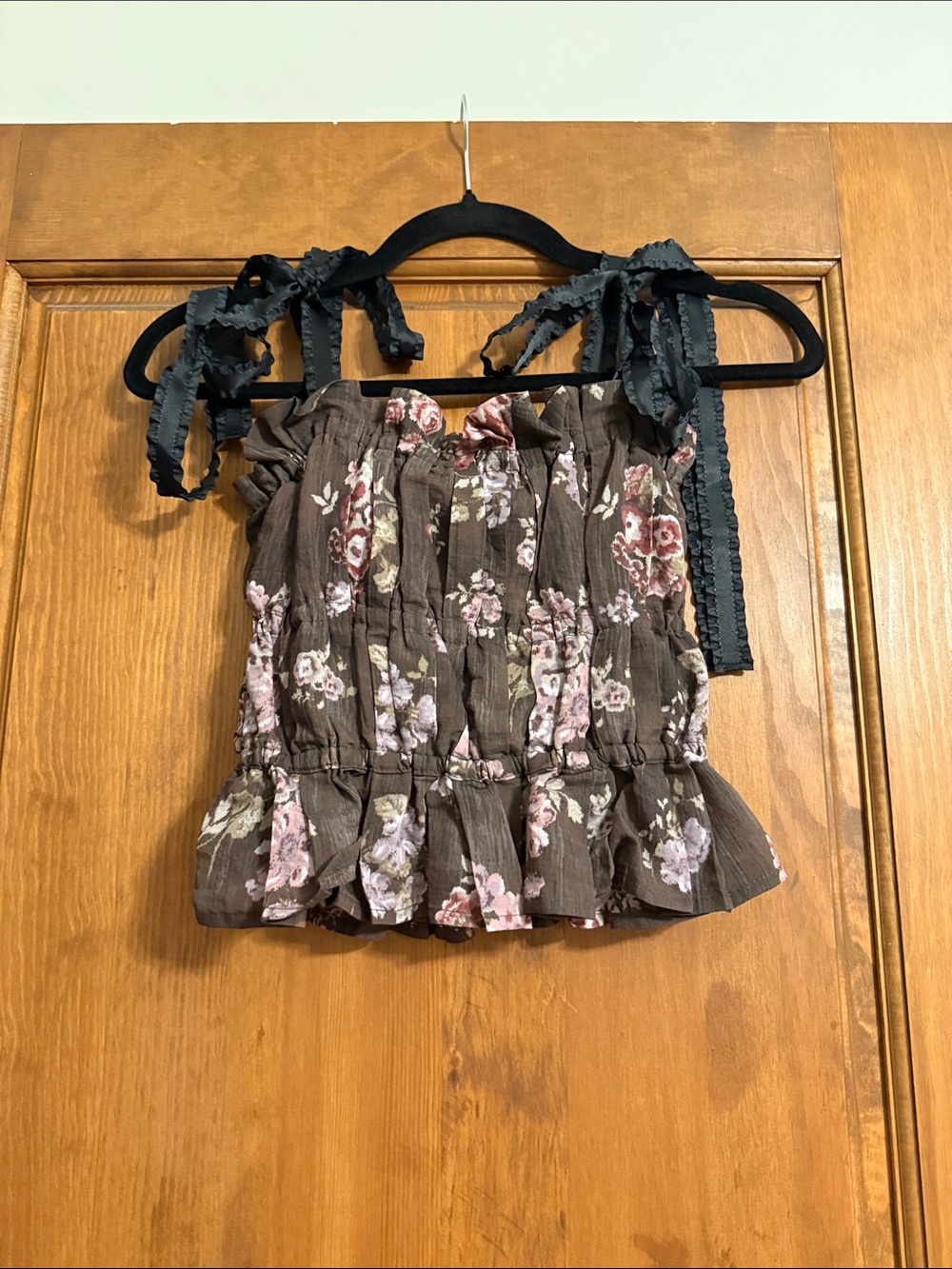 Floral Smocked Tie-Shoulder Top - Brown/Pink